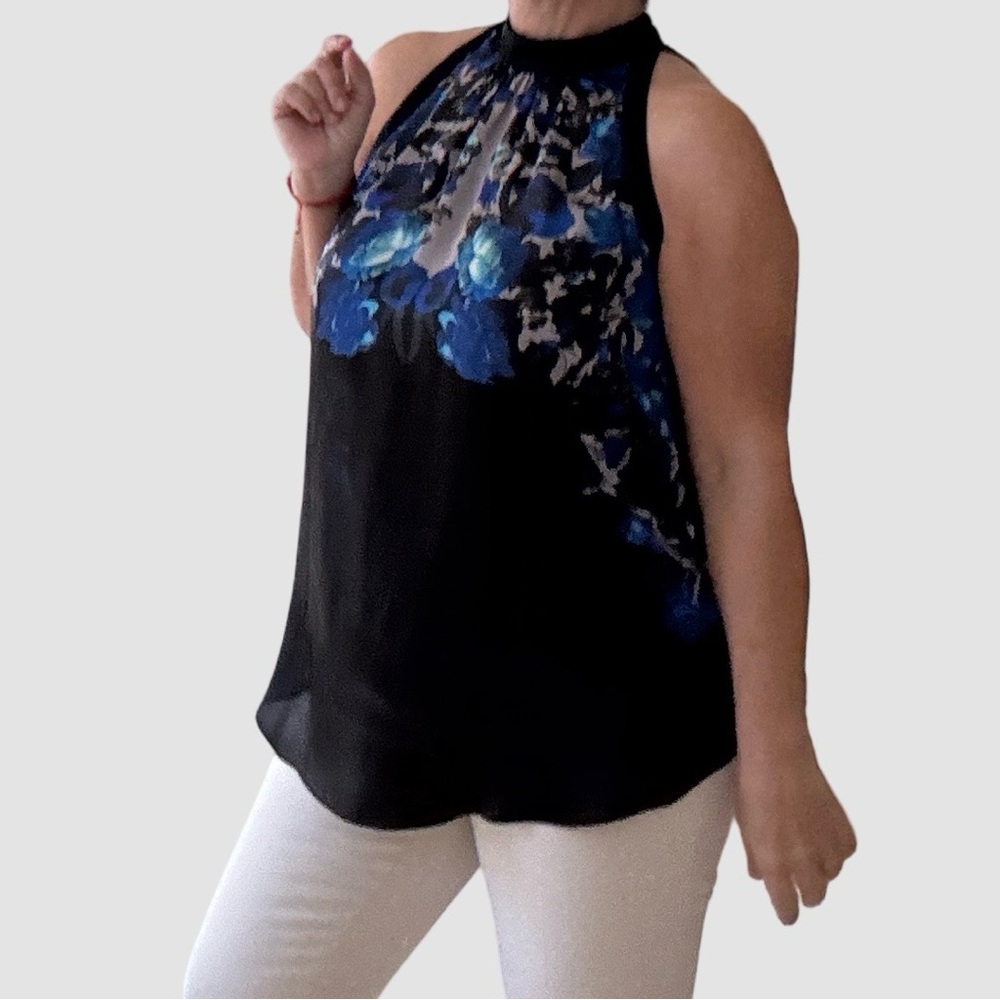 Black and Blue Sleeveless Blouse with Artistic Pattern